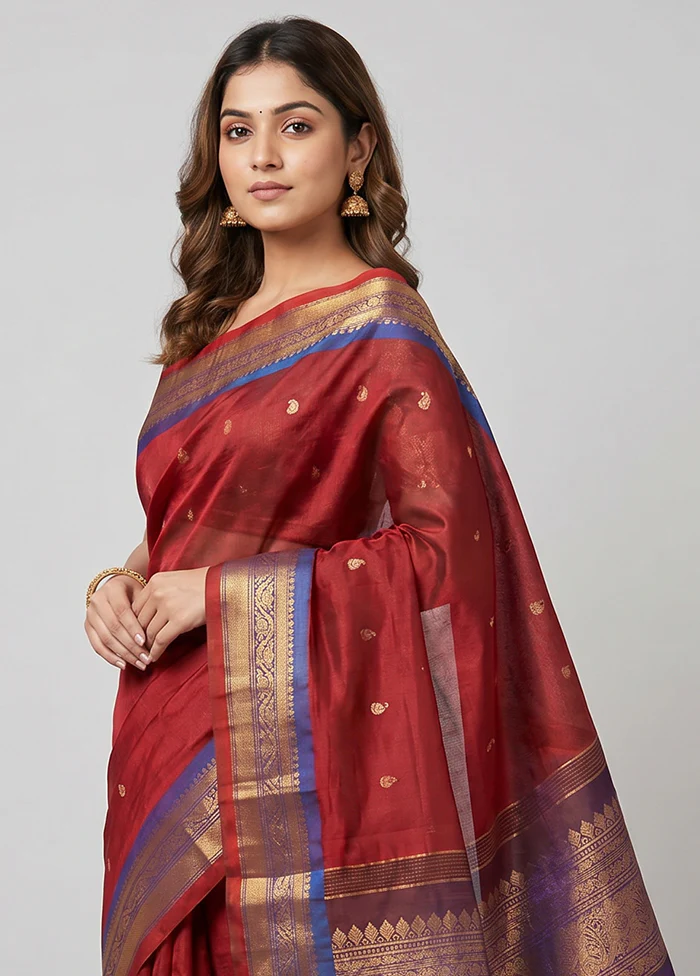 Maroon Gadwal Pure Silk Saree Without Blouse Piece - Image 2