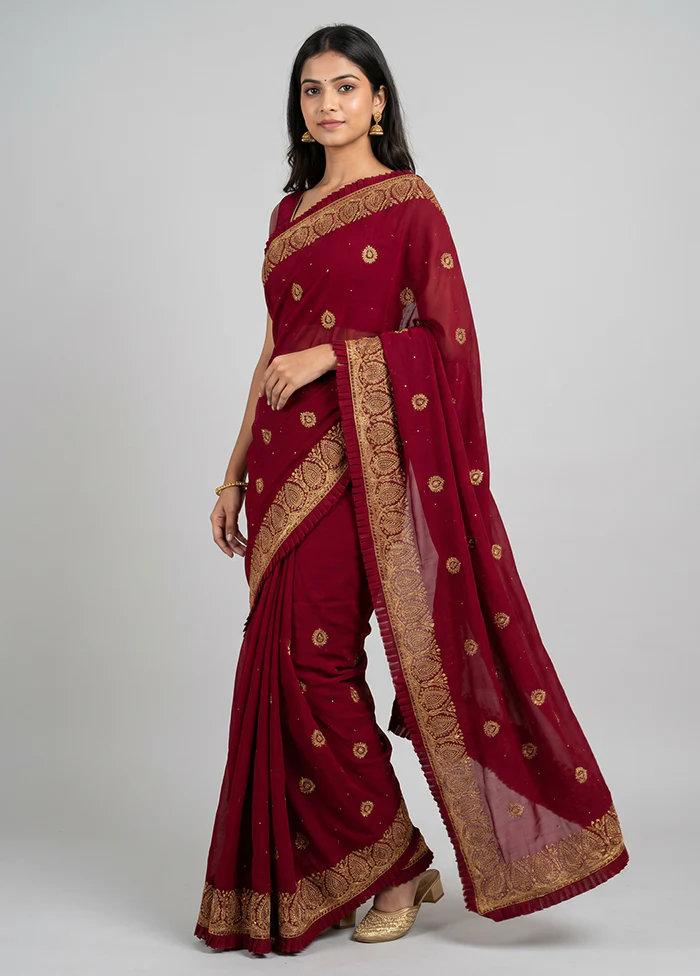 Maroon Georgette Saree With Blouse Piece