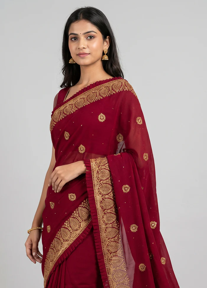 Maroon Georgette Saree With Blouse Piece - Image 2