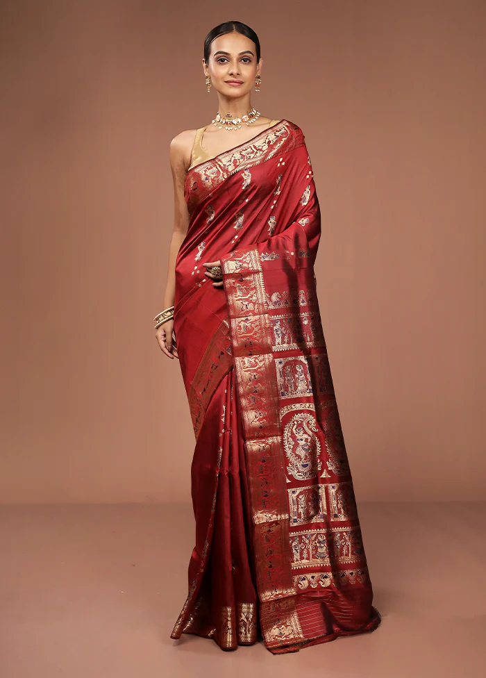 Maroon Handloom Baluchari Pure Silk Saree With Blouse Piece - Image 2