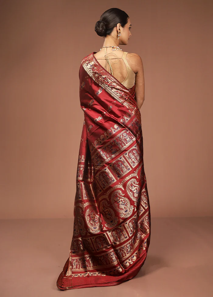 Maroon Handloom Baluchari Pure Silk Saree With Blouse Piece - Image 3