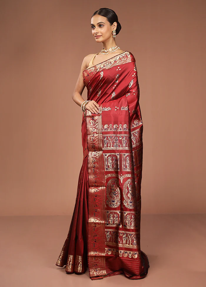Maroon Handloom Baluchari Pure Silk Saree With Blouse Piece - Image 4