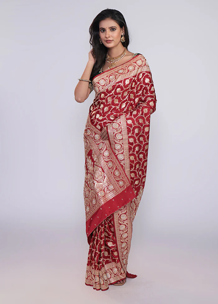 Maroon Handloom Banarasi Pure Silk Saree With Blouse Piece