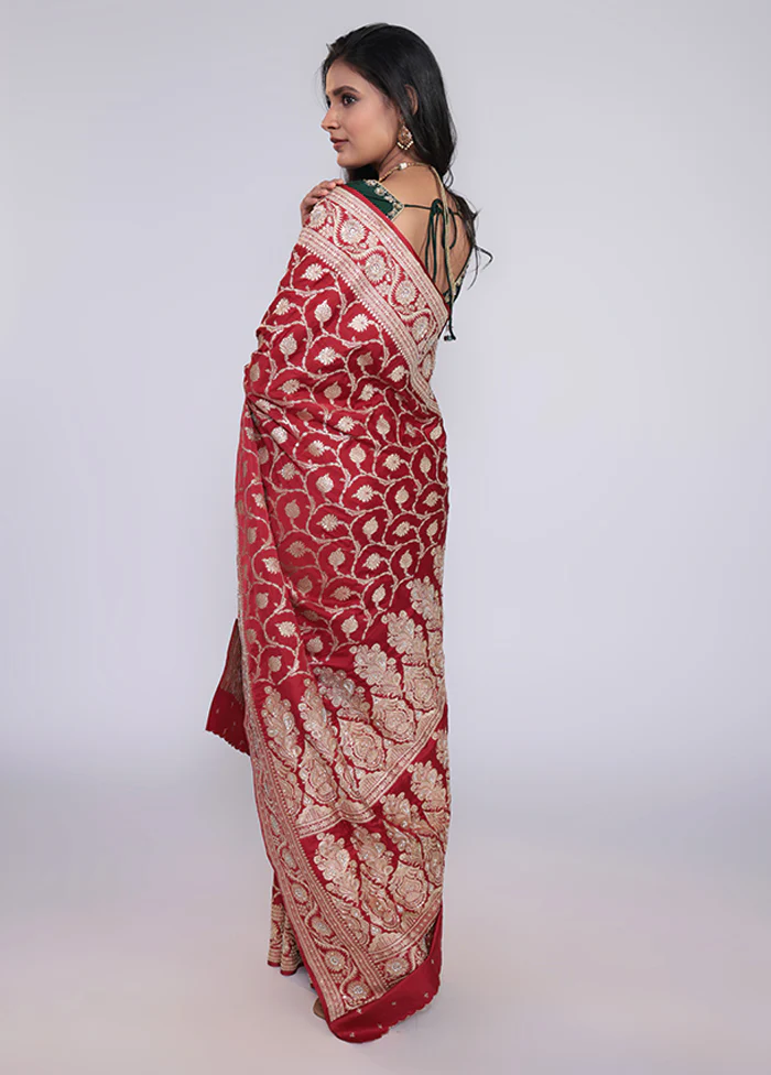 Maroon Handloom Banarasi Pure Silk Saree With Blouse Piece - Image 3