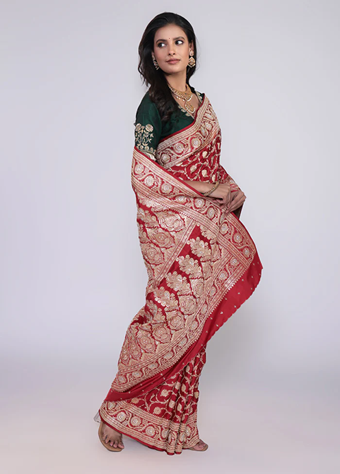 Maroon Handloom Banarasi Pure Silk Saree With Blouse Piece - Image 4