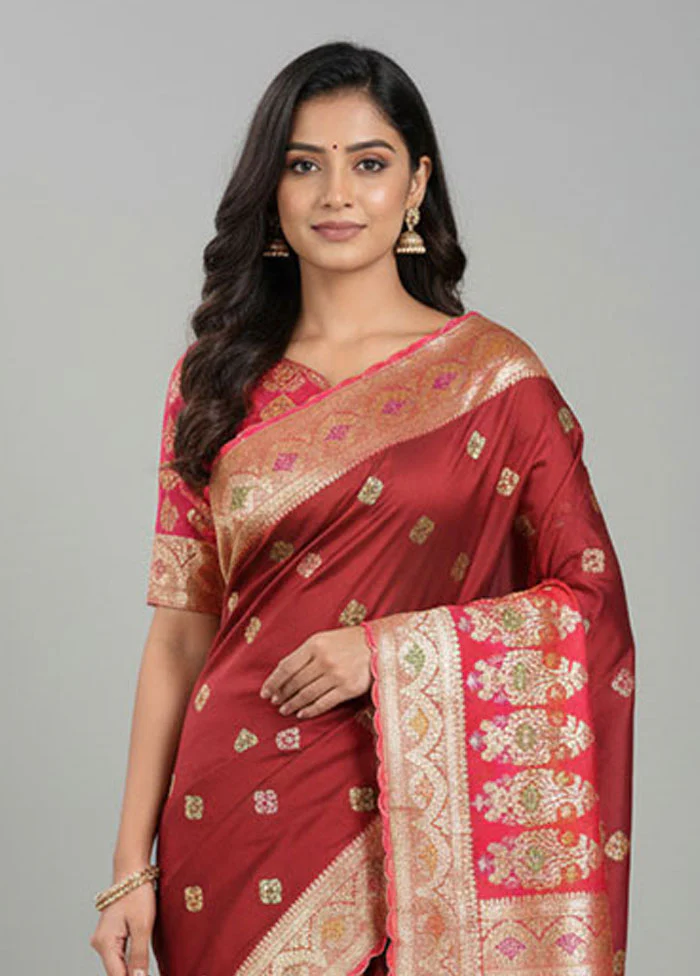 Maroon Handloom Banarasi Pure Silk Saree With Blouse Piece - Image 2
