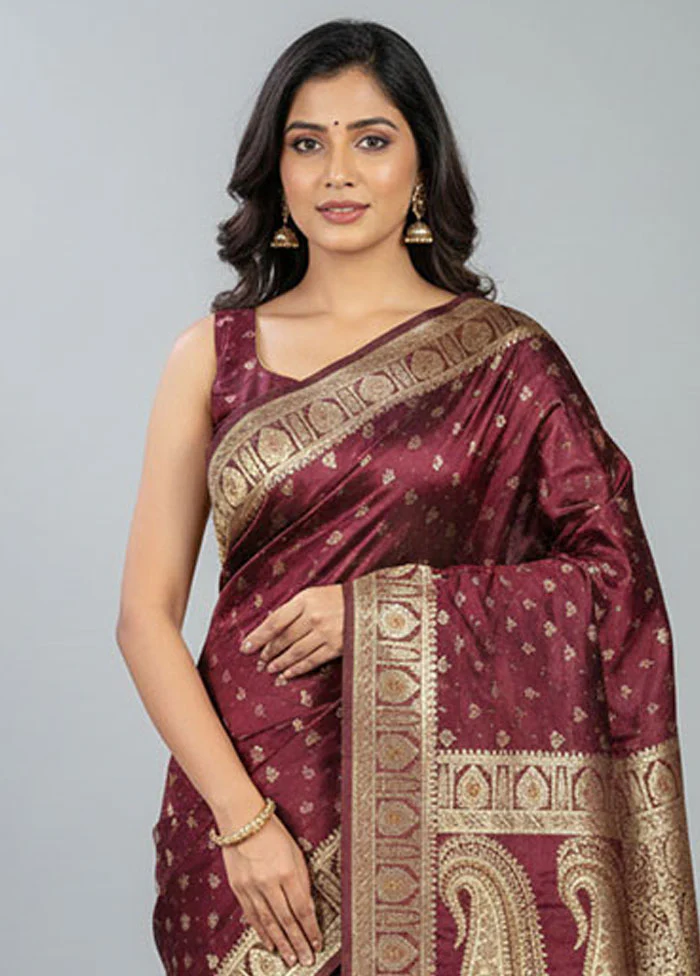 Maroon Handloom Banarasi Pure Silk Saree With Blouse Piece - Image 2