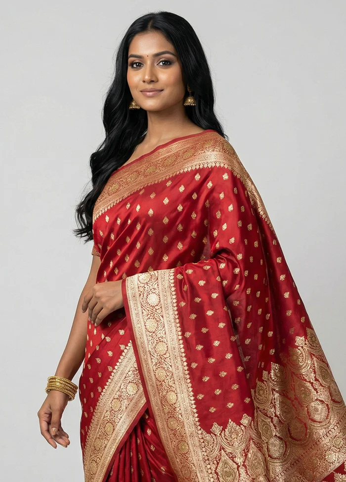 Maroon Handloom Banarasi Pure Silk Saree With Blouse Piece - Image 2