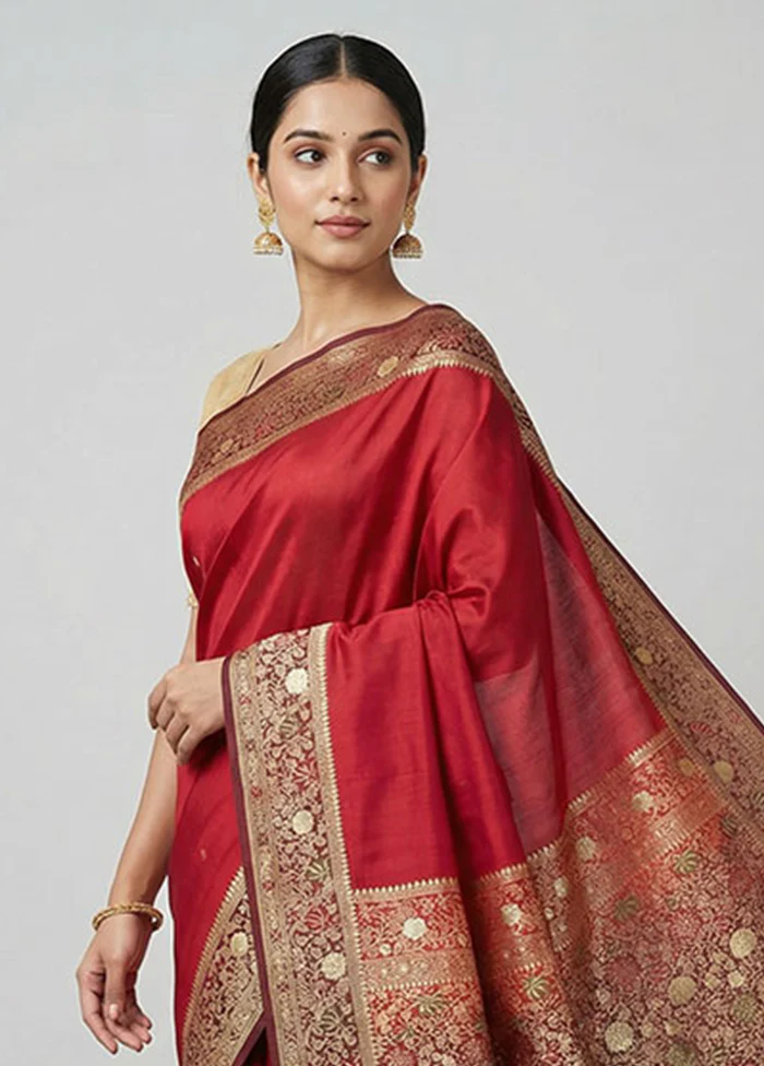Maroon Handloom Banarasi Pure Silk Saree With Blouse Piece - Image 2