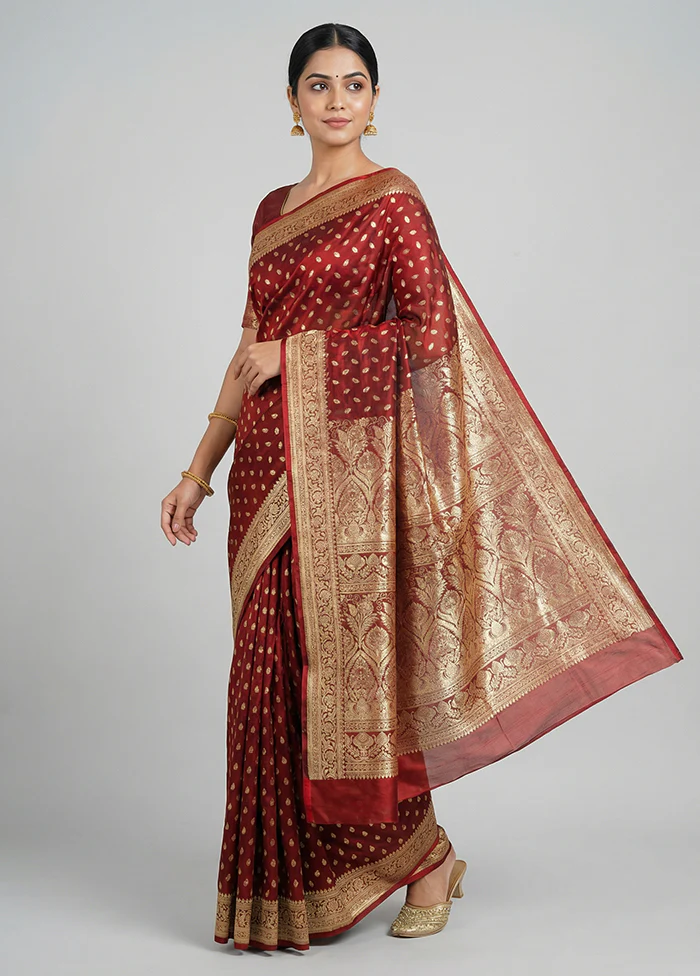 Maroon Handloom Banarasi Pure Silk Saree With Blouse Piece