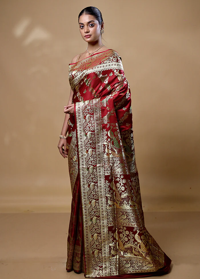 Maroon Handloom Banarasi Pure Silk Saree With Blouse Piece - Image 4