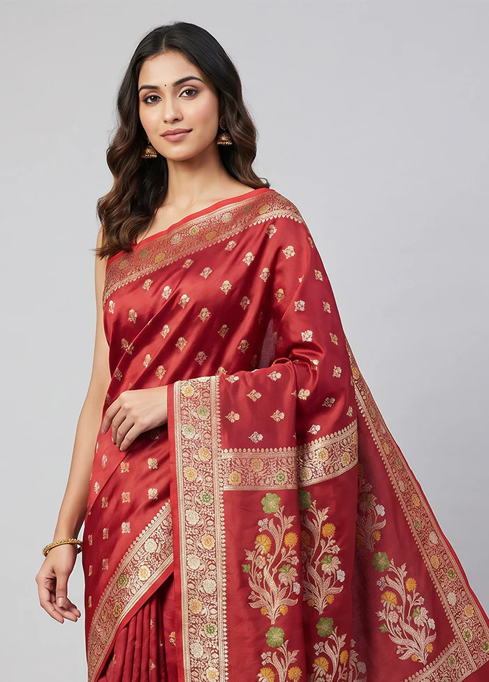 Maroon Handloom Banarasi Pure Silk Saree With Blouse Piece - Image 2