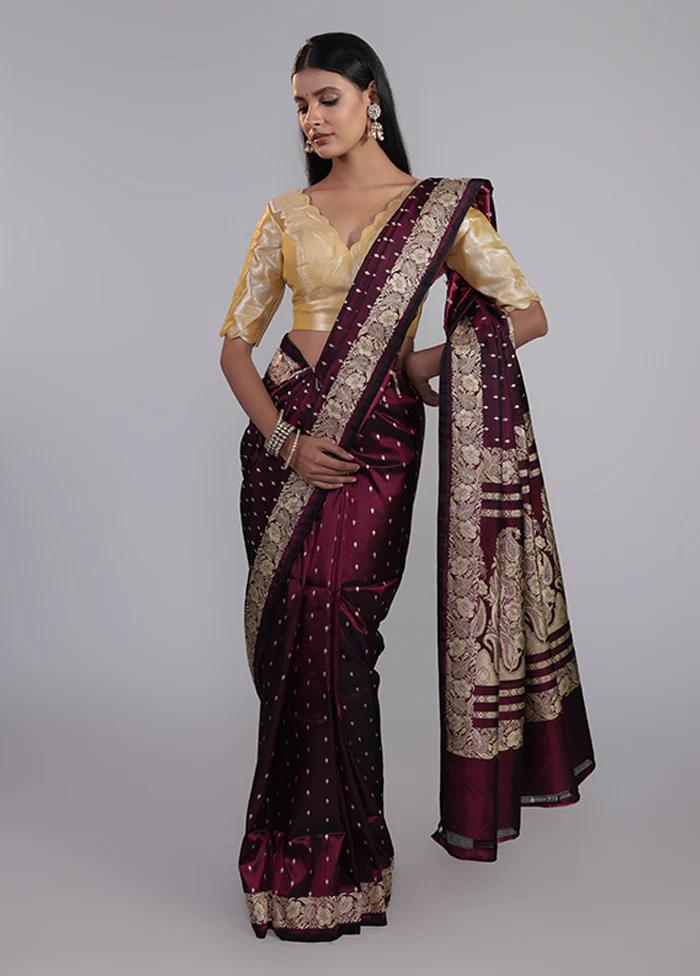 Maroon Handloom Banarasi Pure Silk Saree With Blouse Piece - Image 4