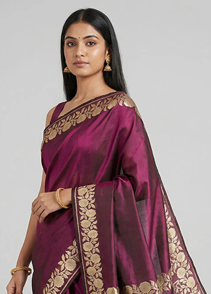 Maroon Handloom Banarasi Pure Silk Saree With Blouse Piece - Image 2
