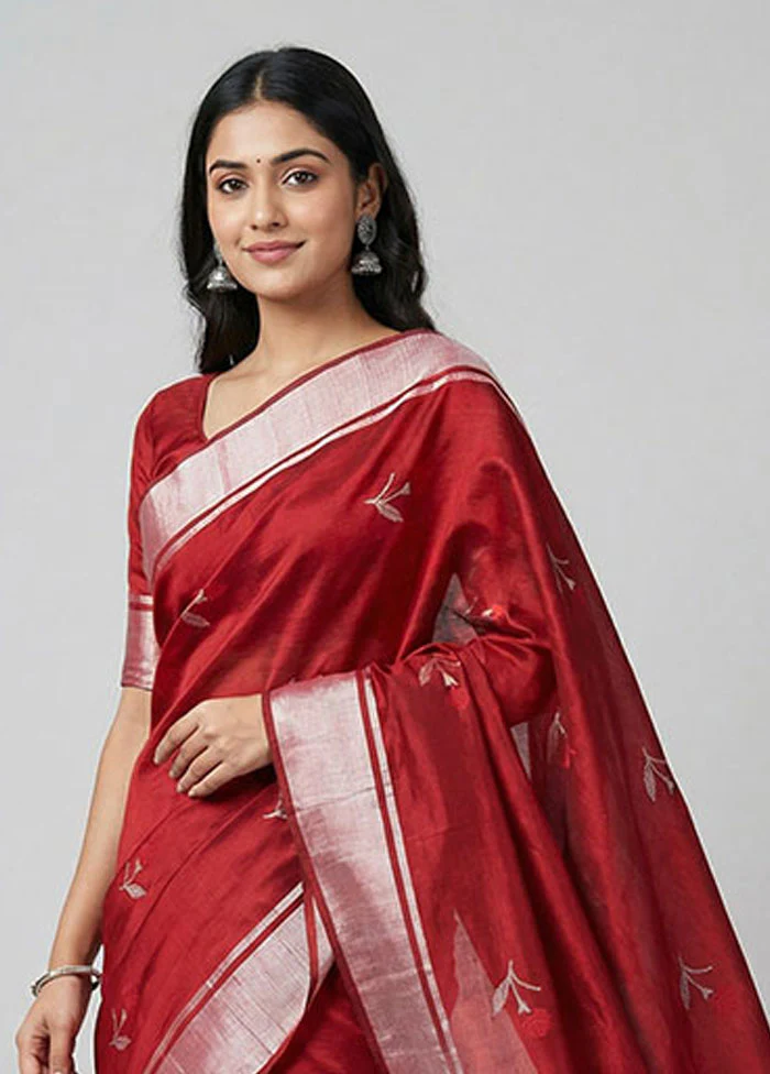 Maroon Handloom Chanderi Pure Silk Saree With Blouse Piece - Image 2