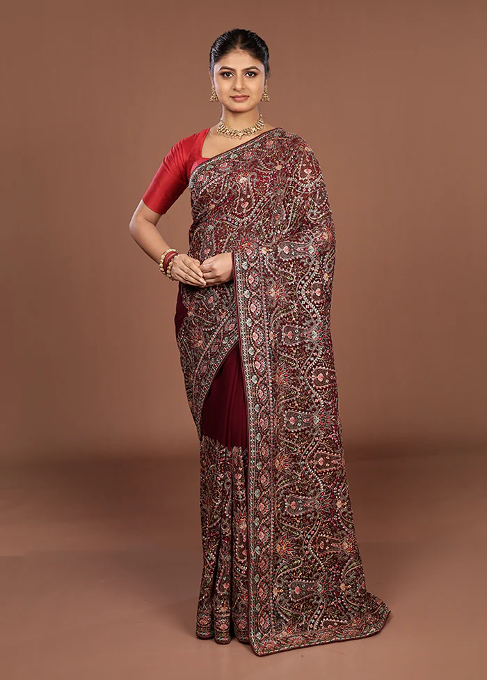 Maroon Handloom Chiffon Pure Silk Saree With Blouse Piece - Image 2