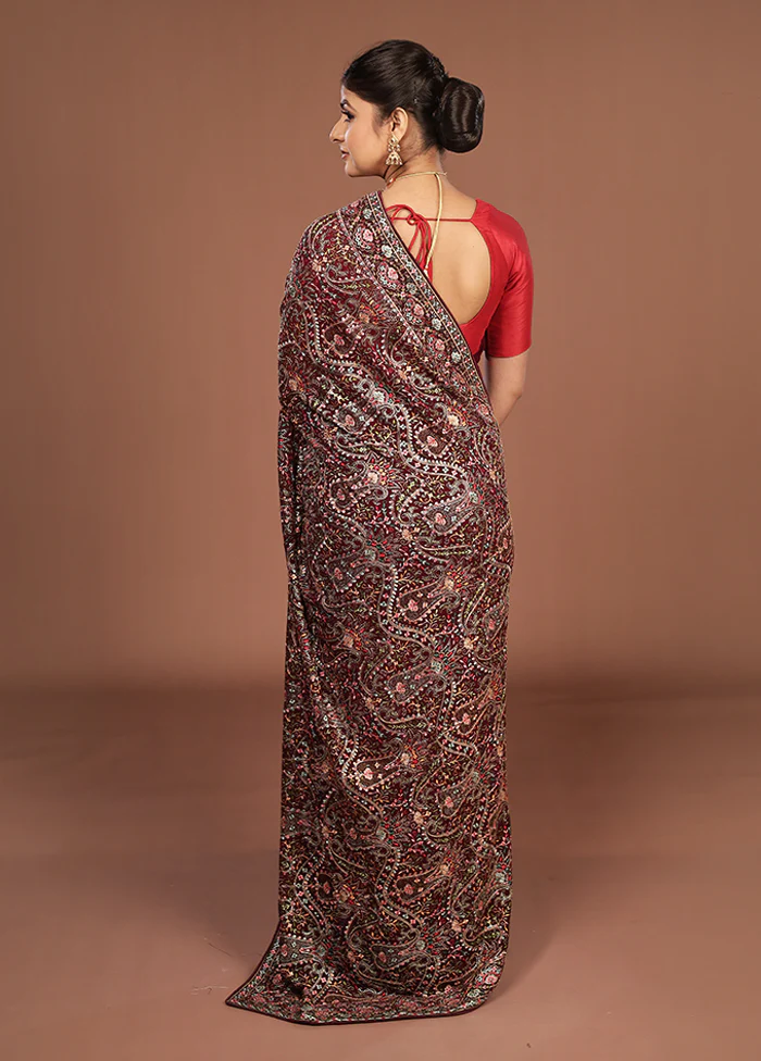 Maroon Handloom Chiffon Pure Silk Saree With Blouse Piece - Image 3