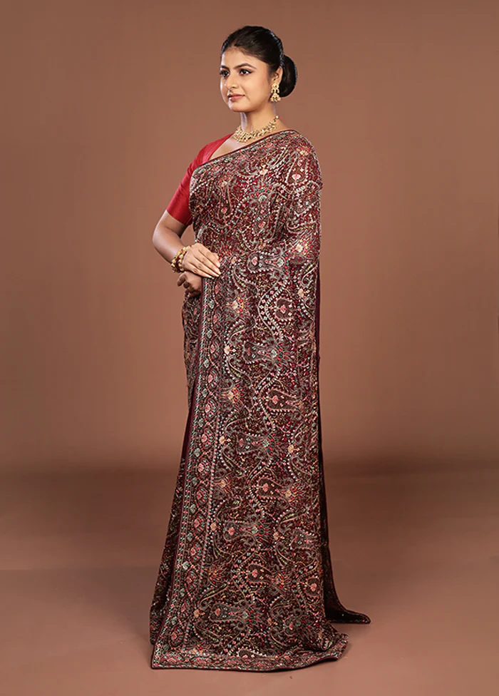 Maroon Handloom Chiffon Pure Silk Saree With Blouse Piece - Image 4
