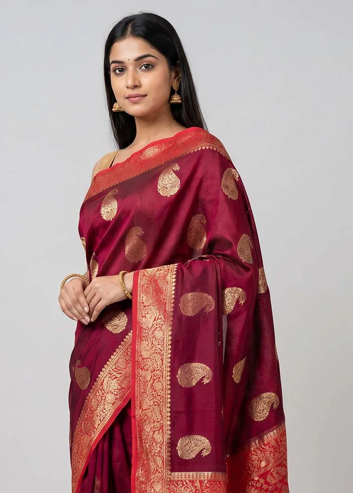 Maroon Handloom Dupion Pure Silk Saree With Blouse Piece - Image 2