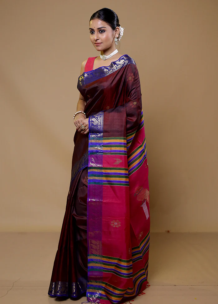 Maroon Kalakshetra Pure Silk Saree With Blouse Piece - Image 4