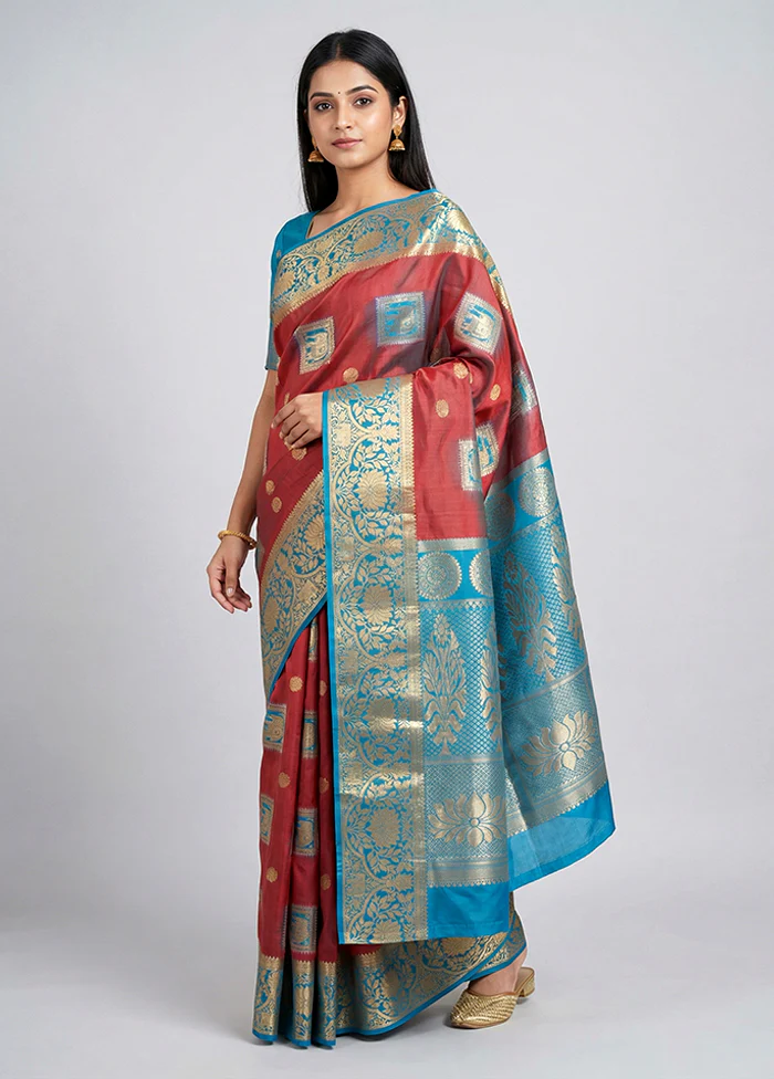 Maroon Handloom Kanchipuram Pure Silk Saree With Blouse Piece