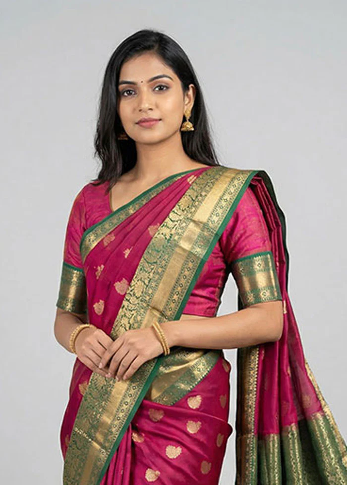 Maroon Handloom Kanchipuram Pure Silk Saree With Blouse Piece - Image 2
