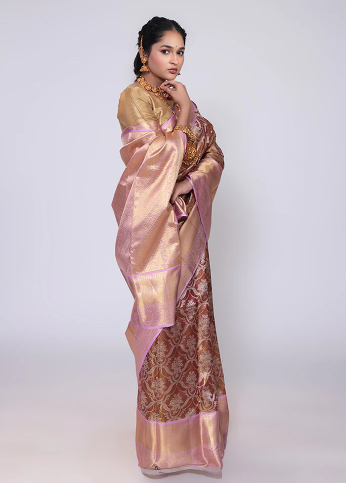 Golden Handloom Kanchipuram Pure Silk Saree With Blouse Piece - Image 4