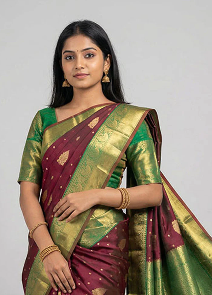 Maroon Handloom Kanchipuram Pure Silk Saree With Blouse Piece - Image 2