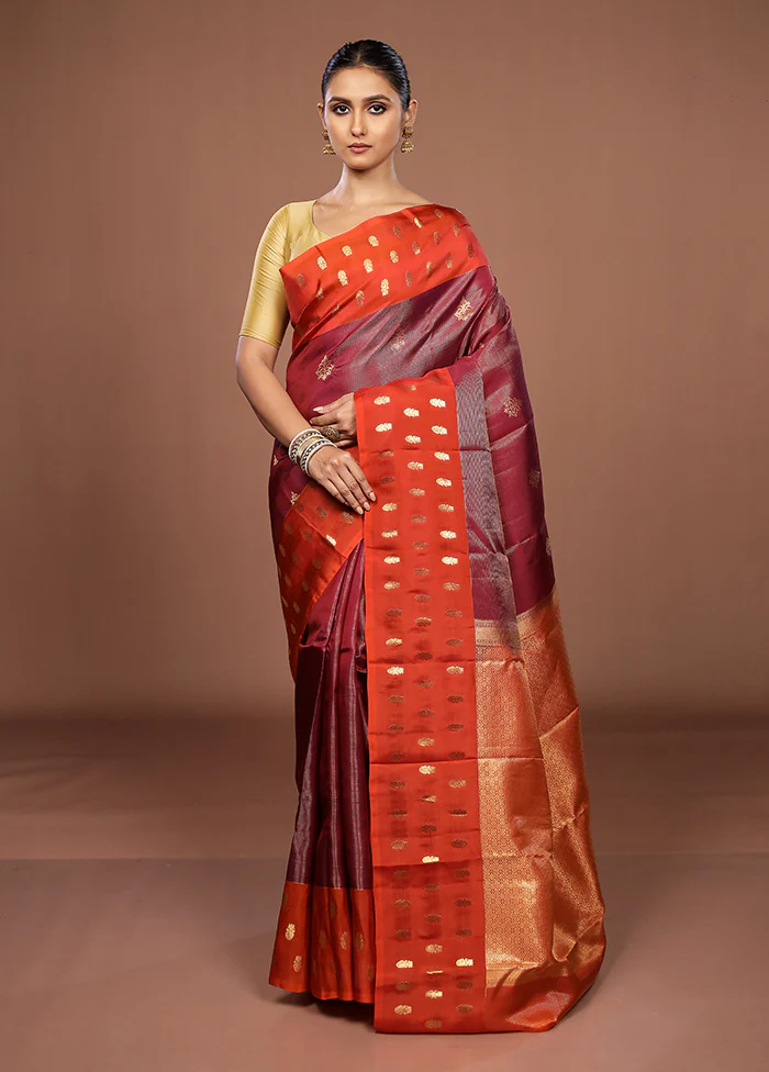Maroon Handloom Kanchipuram Pure Silk Saree With Blouse Piece - Image 2