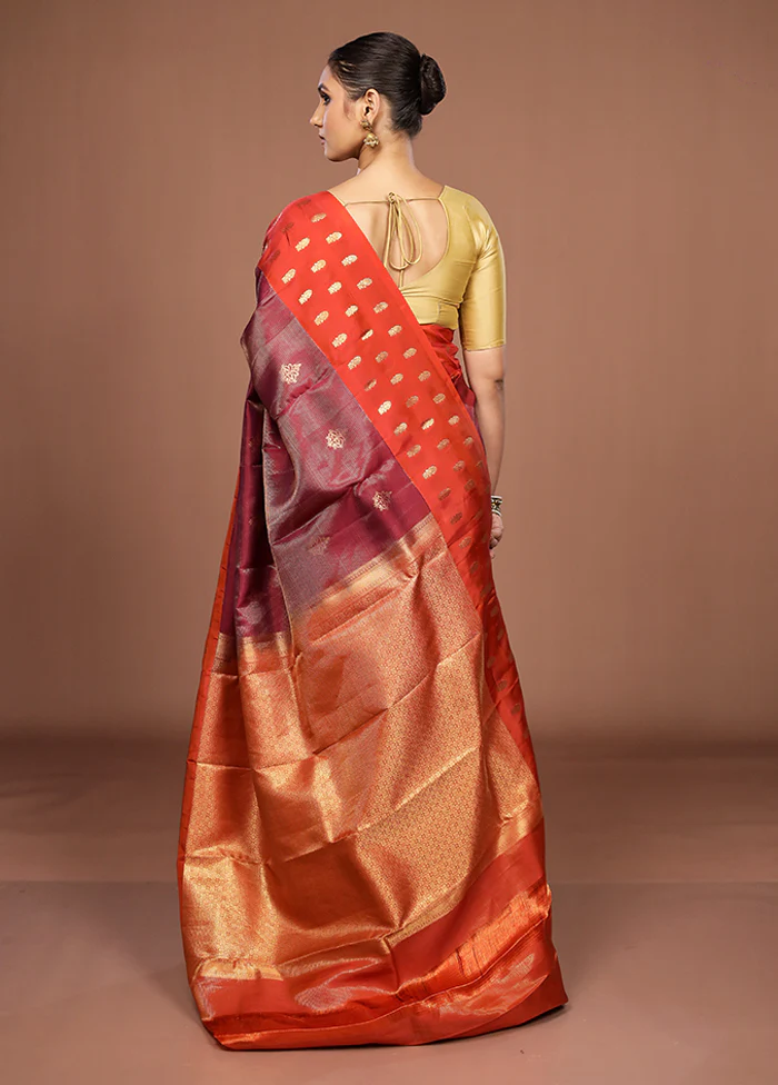 Maroon Handloom Kanchipuram Pure Silk Saree With Blouse Piece - Image 3
