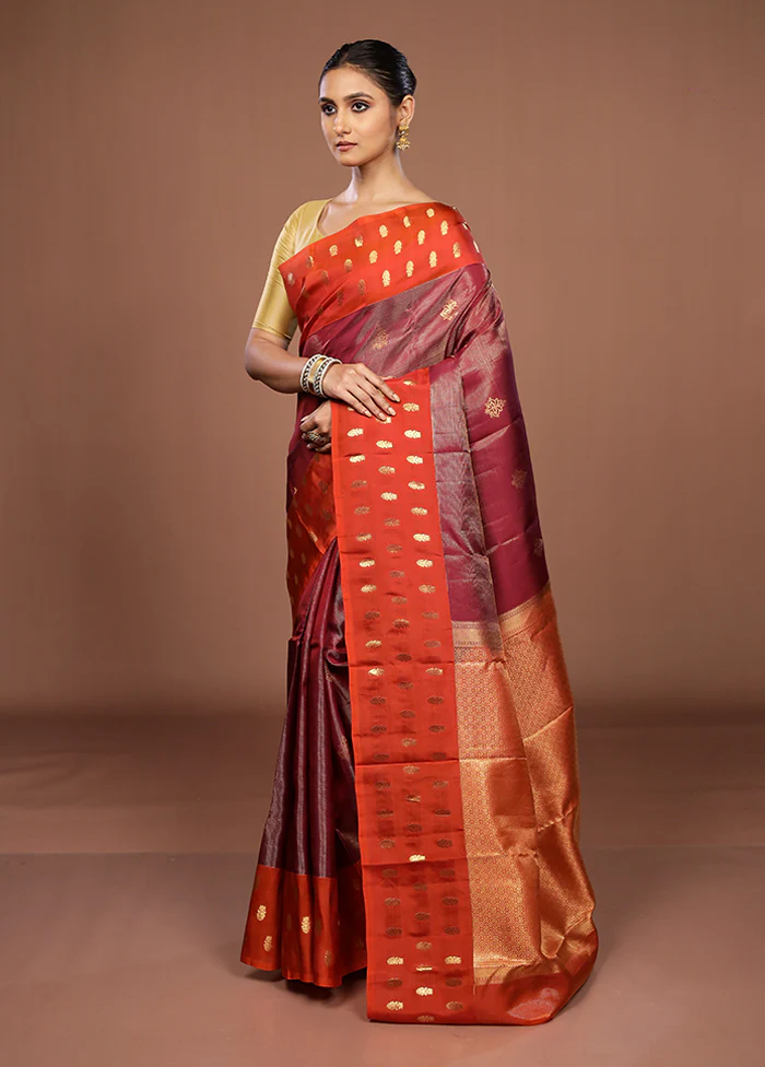 Maroon Handloom Kanchipuram Pure Silk Saree With Blouse Piece - Image 4