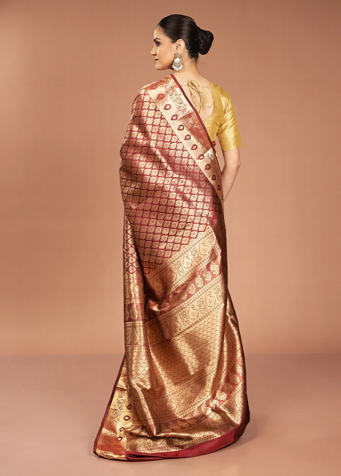 Maroon Handloom Kanjivaram Pure Silk Saree With Blouse Piece - Image 3