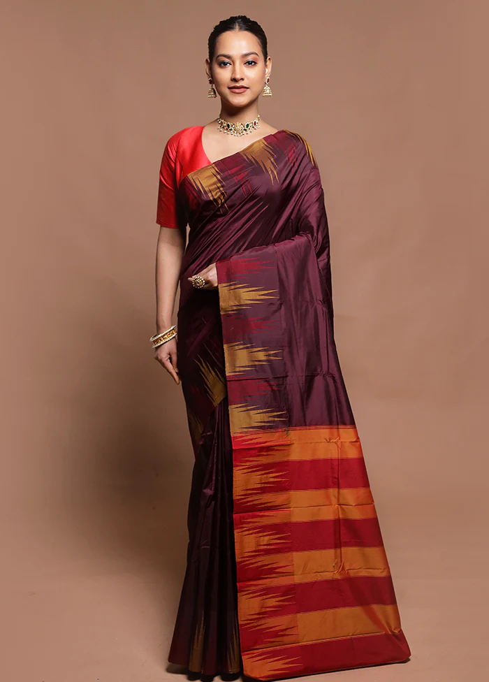 Maroon Handloom Kanjivaram Pure Silk Saree With Blouse Piece