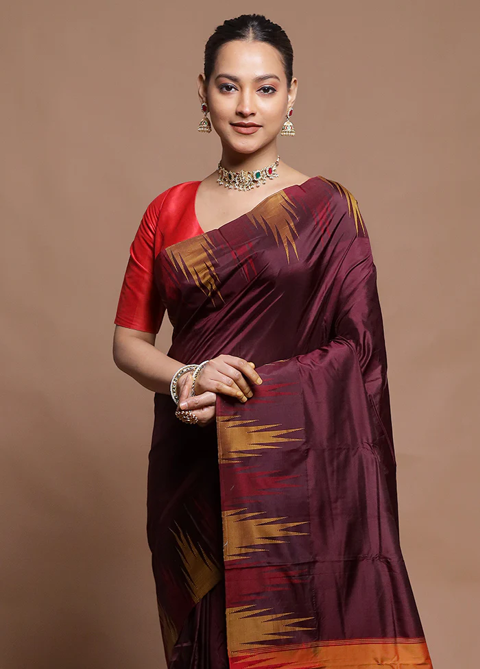 Maroon Handloom Kanjivaram Pure Silk Saree With Blouse Piece - Image 2