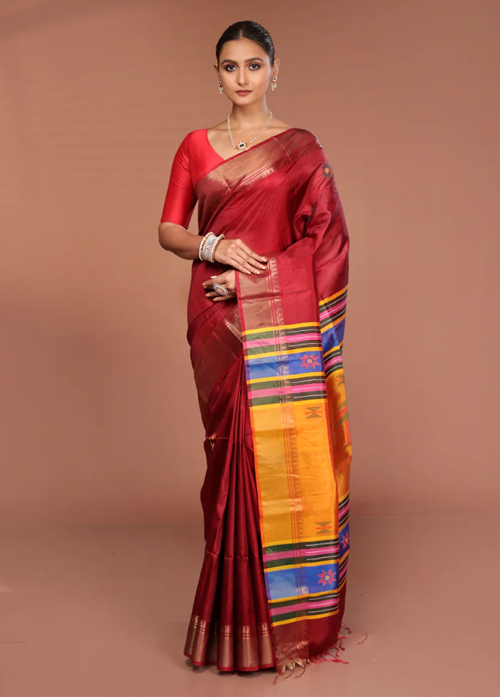 Maroon Handloom Kalakshetra Pure Silk Saree With Blouse Piece - Image 2
