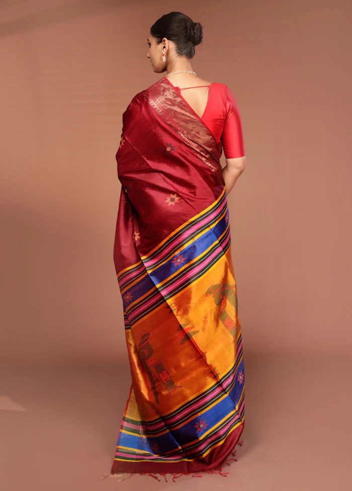 Maroon Handloom Kalakshetra Pure Silk Saree With Blouse Piece - Image 3