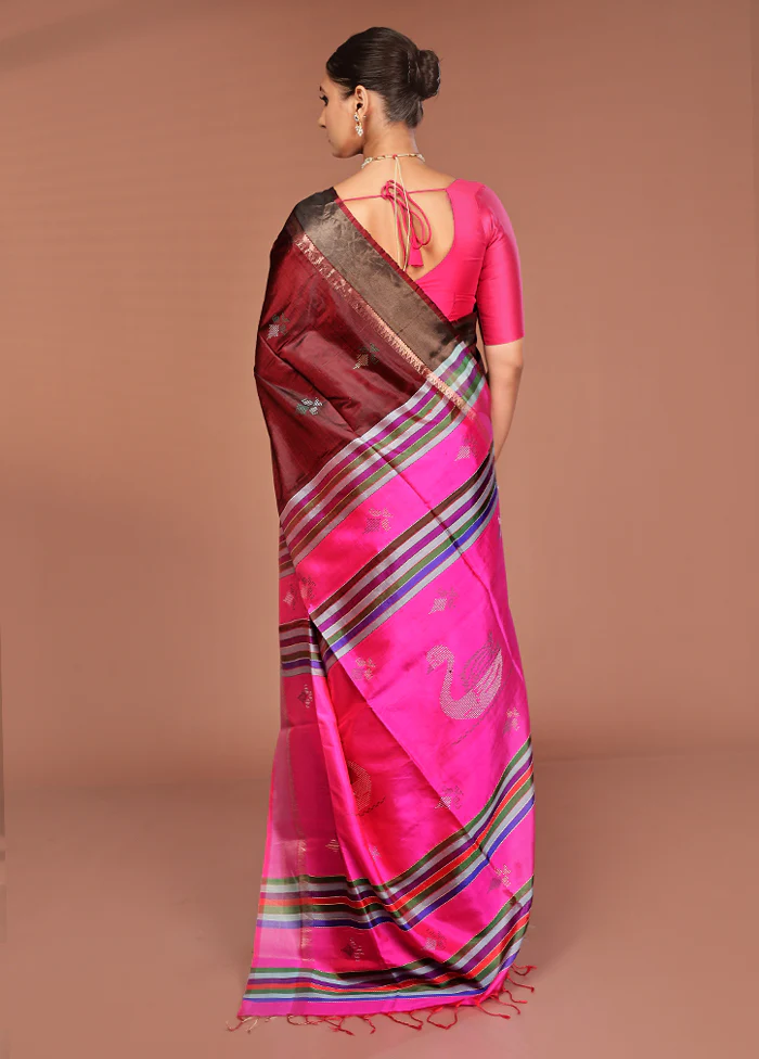 Maroon Handloom Kalakshetra Pure Silk Saree With Blouse Piece - Image 3