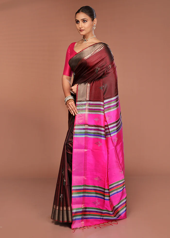 Maroon Handloom Kalakshetra Pure Silk Saree With Blouse Piece - Image 4