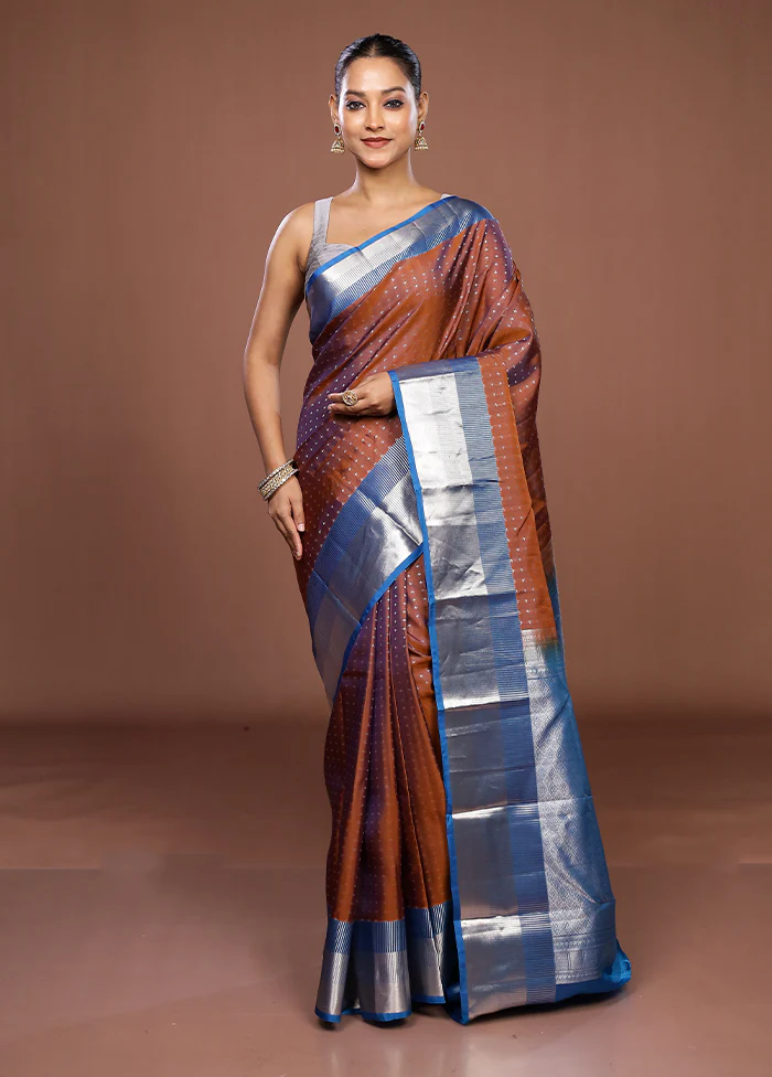 Rust Handloom Kanjivaram Pure Silk Saree With Blouse Piece - Image 2