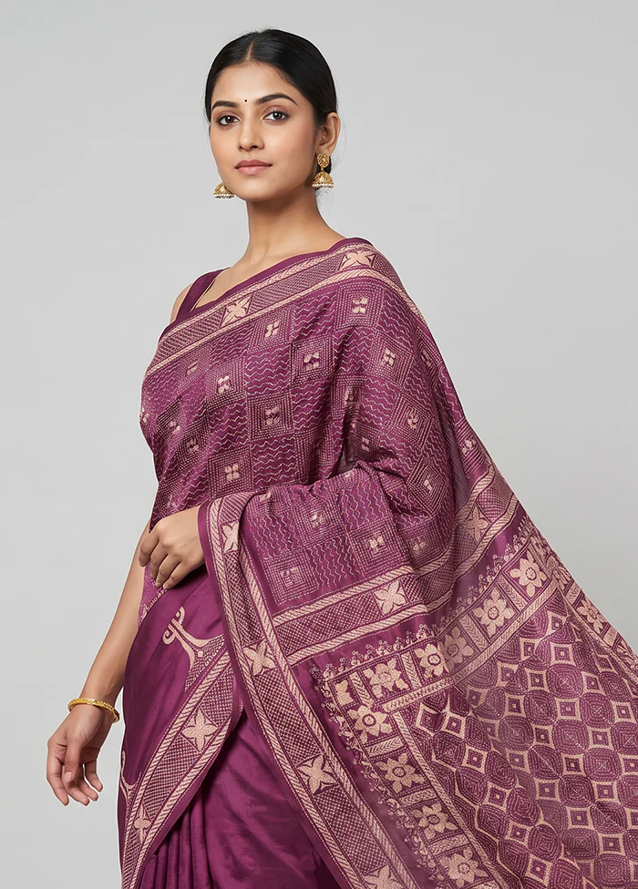 Maroon Handloom Kantha Stitch Pure Silk Saree With Blouse Piece - Image 2