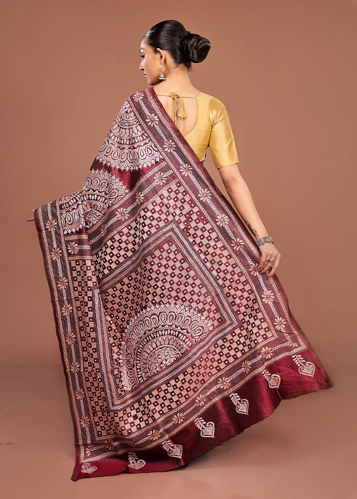 Maroon Handloom Kantha Stitch Pure Silk Saree With Blouse Piece - Image 2