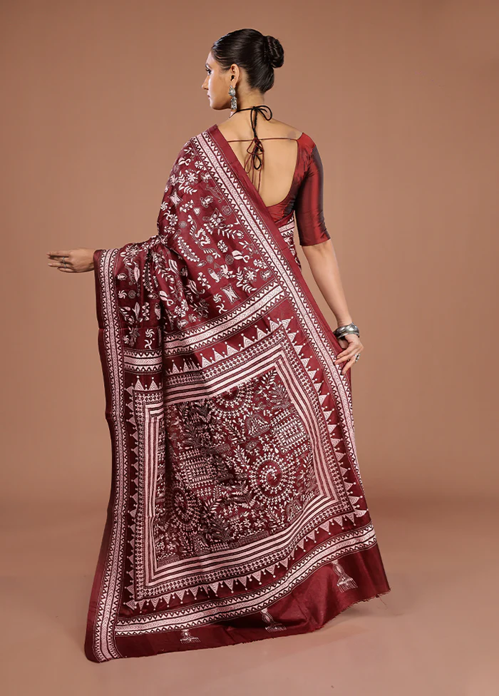 Maroon Handloom Kantha Stitch Pure Silk Saree With Blouse Piece - Image 3