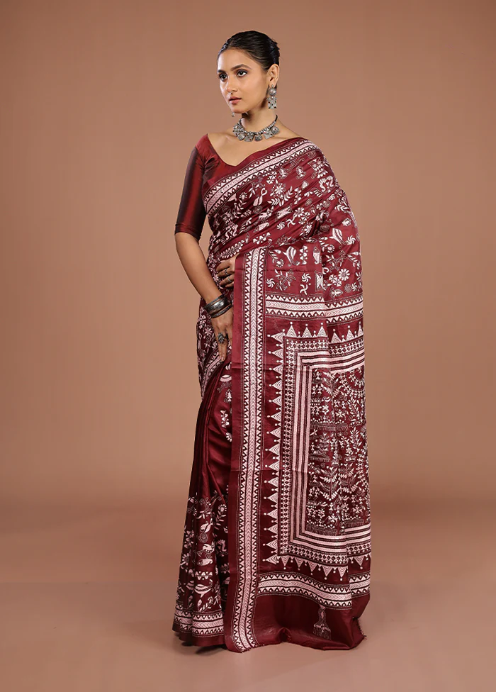 Maroon Handloom Kantha Stitch Pure Silk Saree With Blouse Piece - Image 4