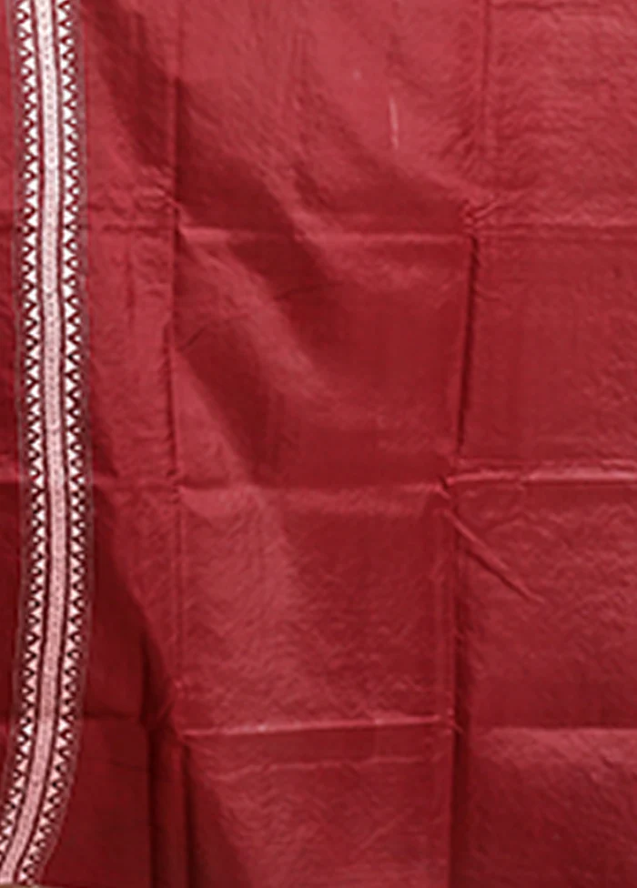 Maroon Handloom Kantha Stitch Pure Silk Saree With Blouse Piece - Image 5