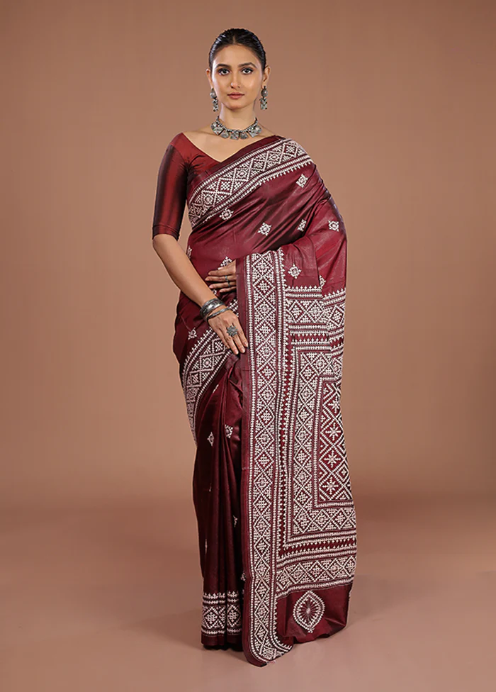 Maroon Handloom Kantha Stitch Pure Silk Saree With Blouse Piece - Image 2