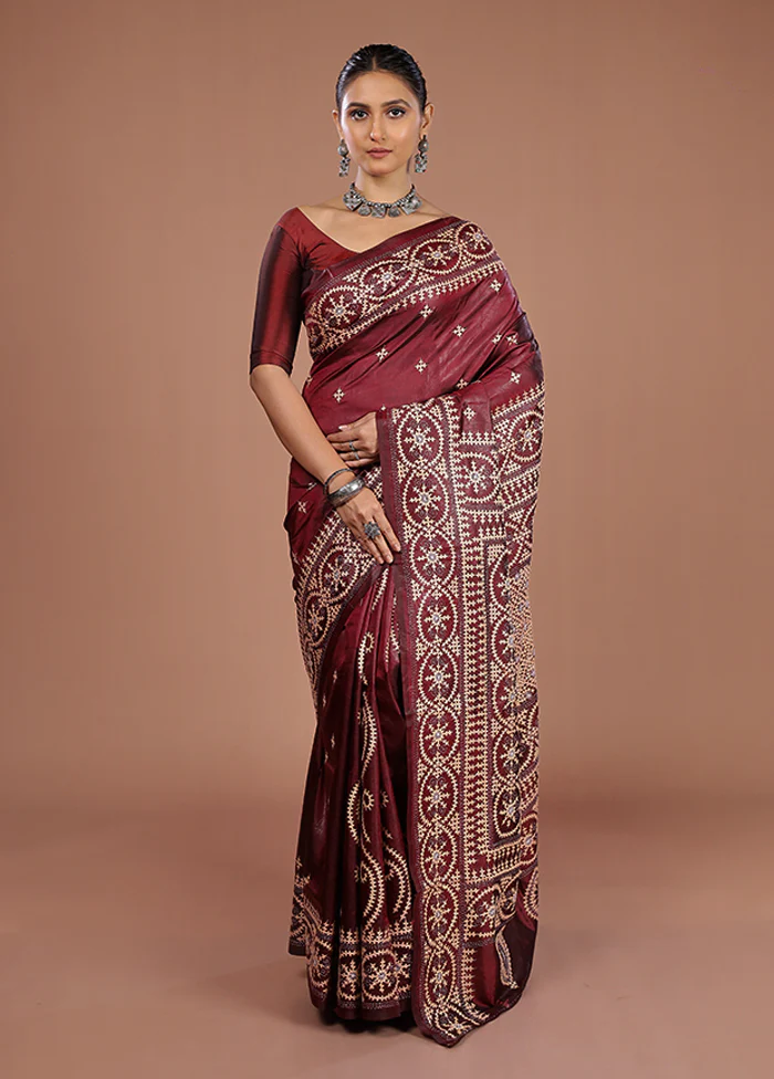 Maroon Handloom Kantha Stitch Pure Silk Saree With Blouse Piece - Image 2