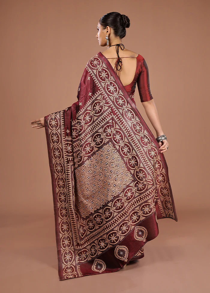 Maroon Handloom Kantha Stitch Pure Silk Saree With Blouse Piece - Image 3