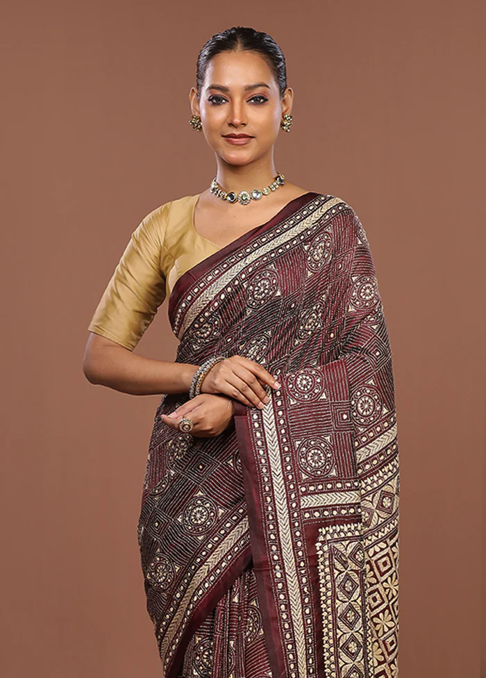 Maroon Handloom Kantha Stitch Pure Silk Saree With Blouse Piece