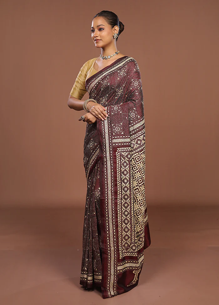 Maroon Handloom Kantha Stitch Pure Silk Saree With Blouse Piece - Image 4