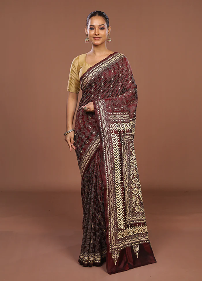Maroon Handloom Kantha Stitch Pure Silk Saree With Blouse Piece - Image 2